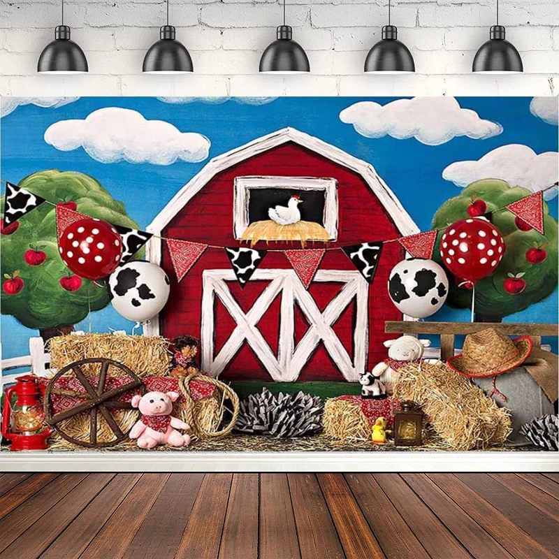 

Фон для фотосъемки с изображением фермы Красного сарая плакат деревенские животные зеленая трава небо фон для детского дня рождения украше...
