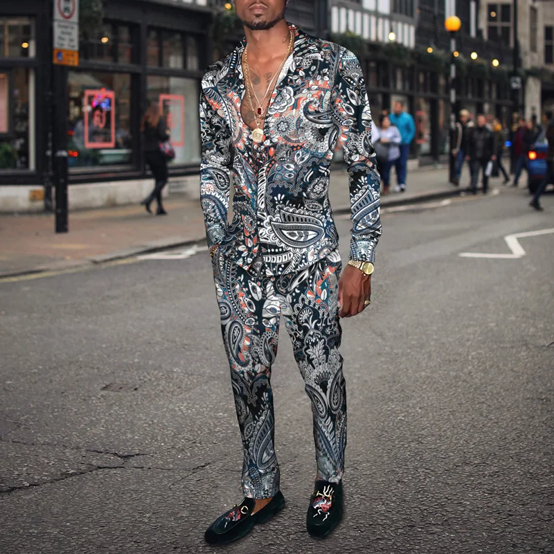 

Новинка весна-осень 2023, мужской комплект из 2 предметов, рубашка и брюки, модный джентльменский дизайнерский мужской костюм с гавайским Пейс...