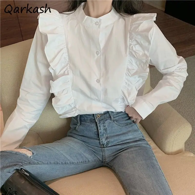 

White Shirts Women Casual Solid Straight Clothes Single Breasted Korean Style Simple Ruffles Design College Camisas Mujer Spring