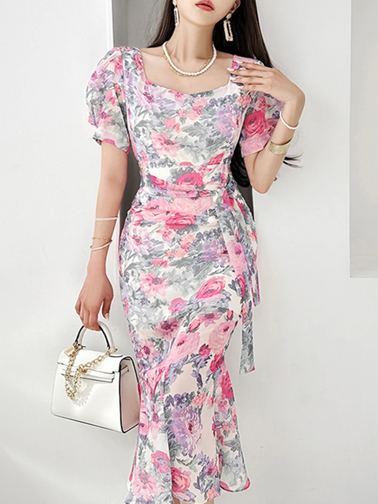 

Женское шифоновое платье-русалка, элегантное облегающее платье с цветочным принтом и коротким рукавом-фонариком, модель 2023 на лето