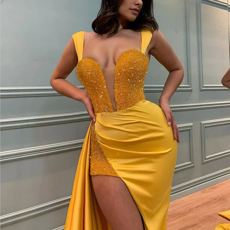 

Lady Fashion Sexy Strap High Waist Corset Side Slit Long Party Dress Women Elegant Sequins Mermaid Evening Dress