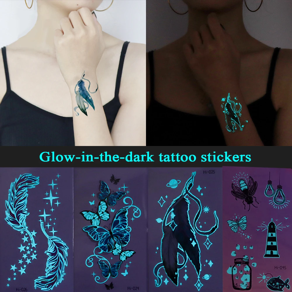 

Blue Luminous Tattoo Sticker Temporary Butterfly Feather Music Elements Breathable Waterproof Tattoo Stickers Body Art Decor