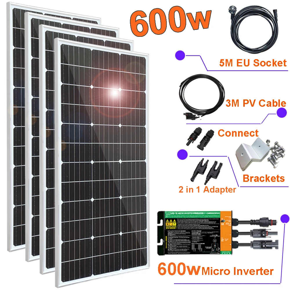 

600w solar panel kit rigid plug and play System 220v photovoltaic panel balcony power Home EU Socket micro inverter on grid tie