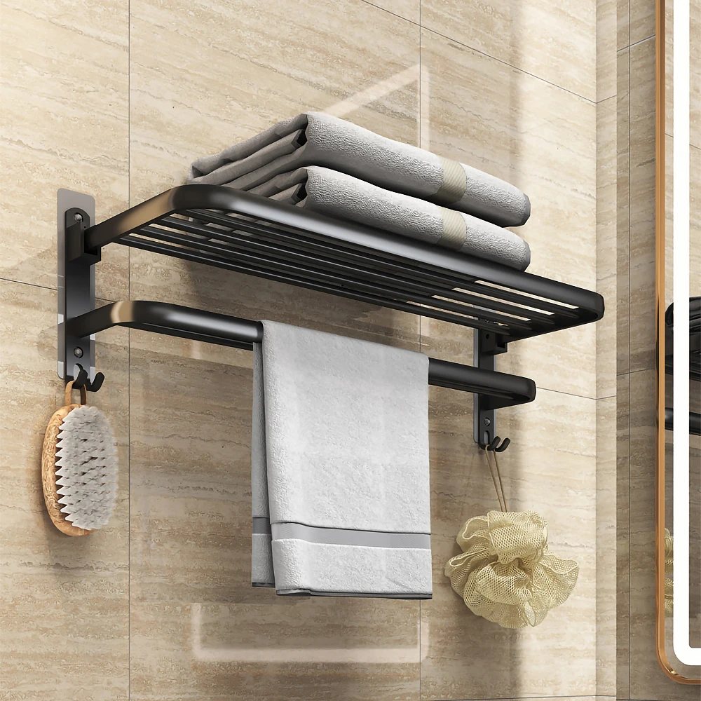 towel rack 40 60 cm velcro folding holder bathroom accessories wall mount rail shower hanger with hook black bar aluminum shelf free global shipping