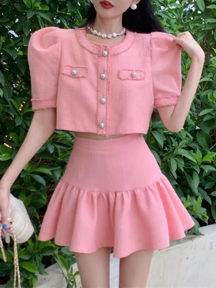 

Женский твидовый костюм из двух предметов, корейский пиджак, короткий топ и плиссированная мини-юбка, тонкий костюм, лето 2022