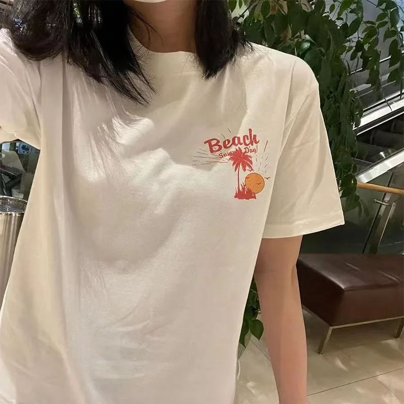 

Женская футболка оверсайз, женская одежда, хлопковые футболки, цельные летние топы, футболка с графическим принтом, Пляжная футболка с открытыми плечами