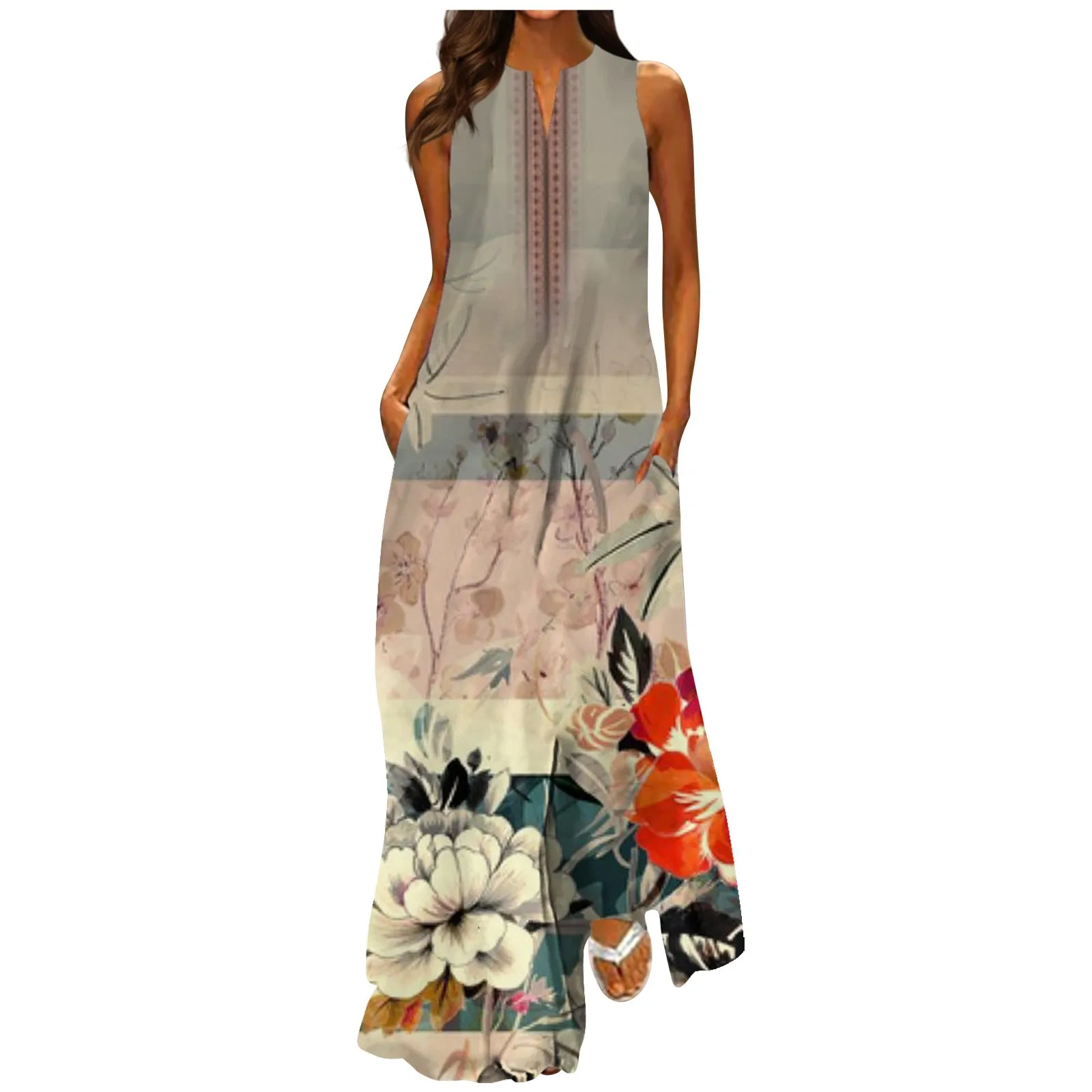 

2023 Summer Women Long Dresses Fashion Classic V-neck Color Printing Sleeveless Long Dress Elegant Vestidos Free Shipping