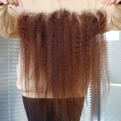 Светло-коричневый # 4-цветные пучки человеческих волос Virgin Remy с утком и кружевной фронтальной застежкой, странные прямые грубые яки, прозрачное кружево