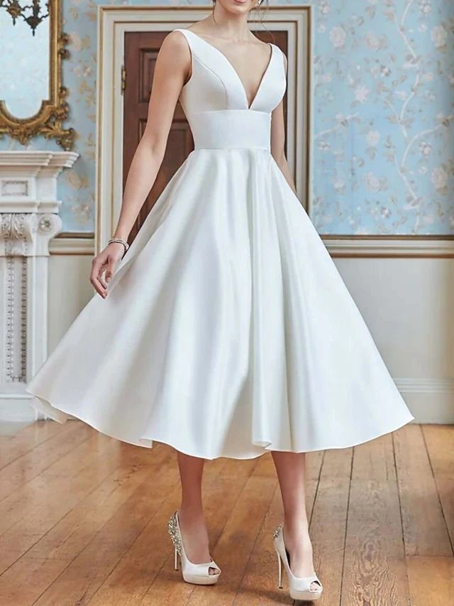 

Sexy V Neck A Line Satin Bridal Gown Custom Made Tea Length Ball Gown Wedding Dresses vestidos de novia