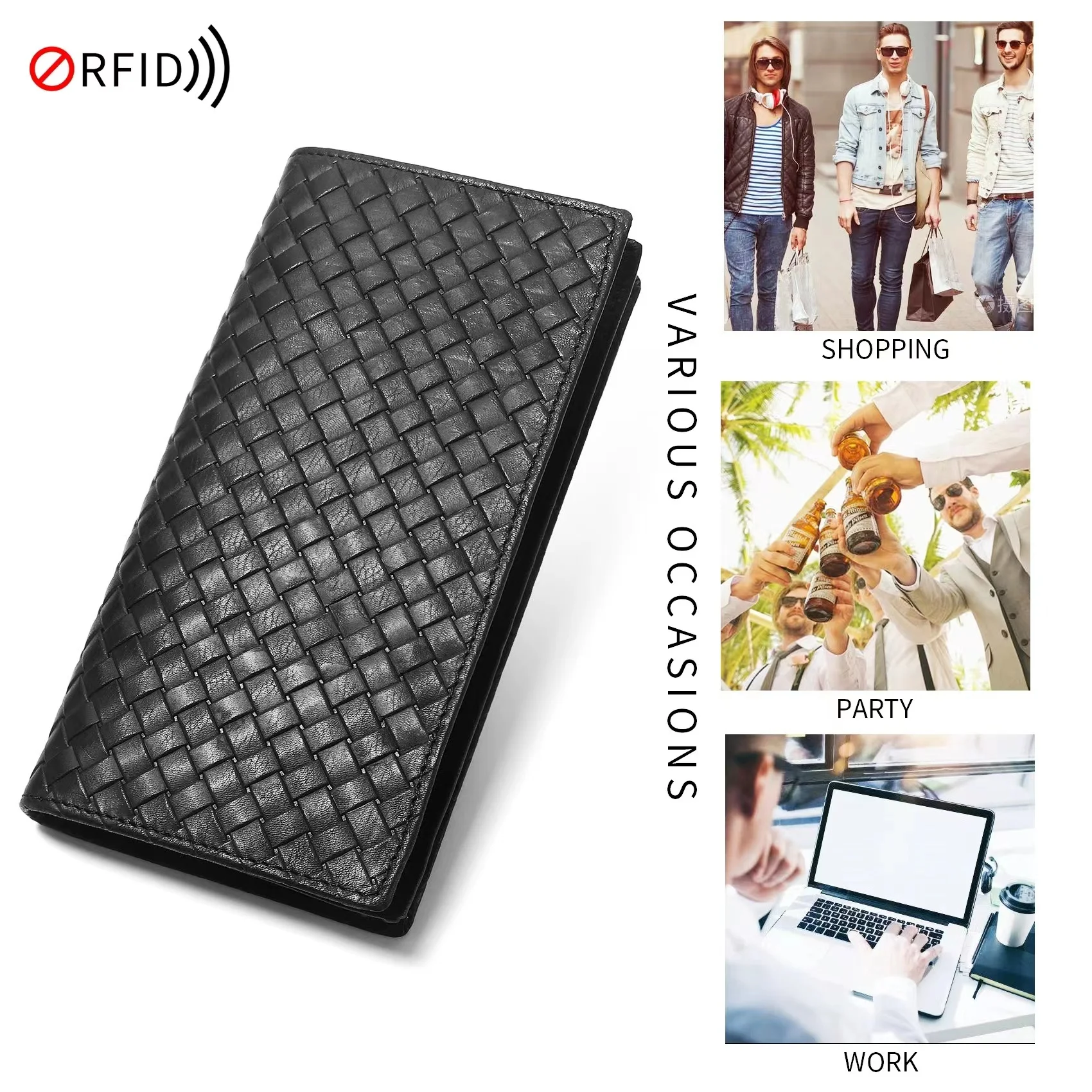 New European And American Men's Long Leather Woven Pattern RFID Anti-Theft Brush Large Capacity Multi Card Men's Wallet