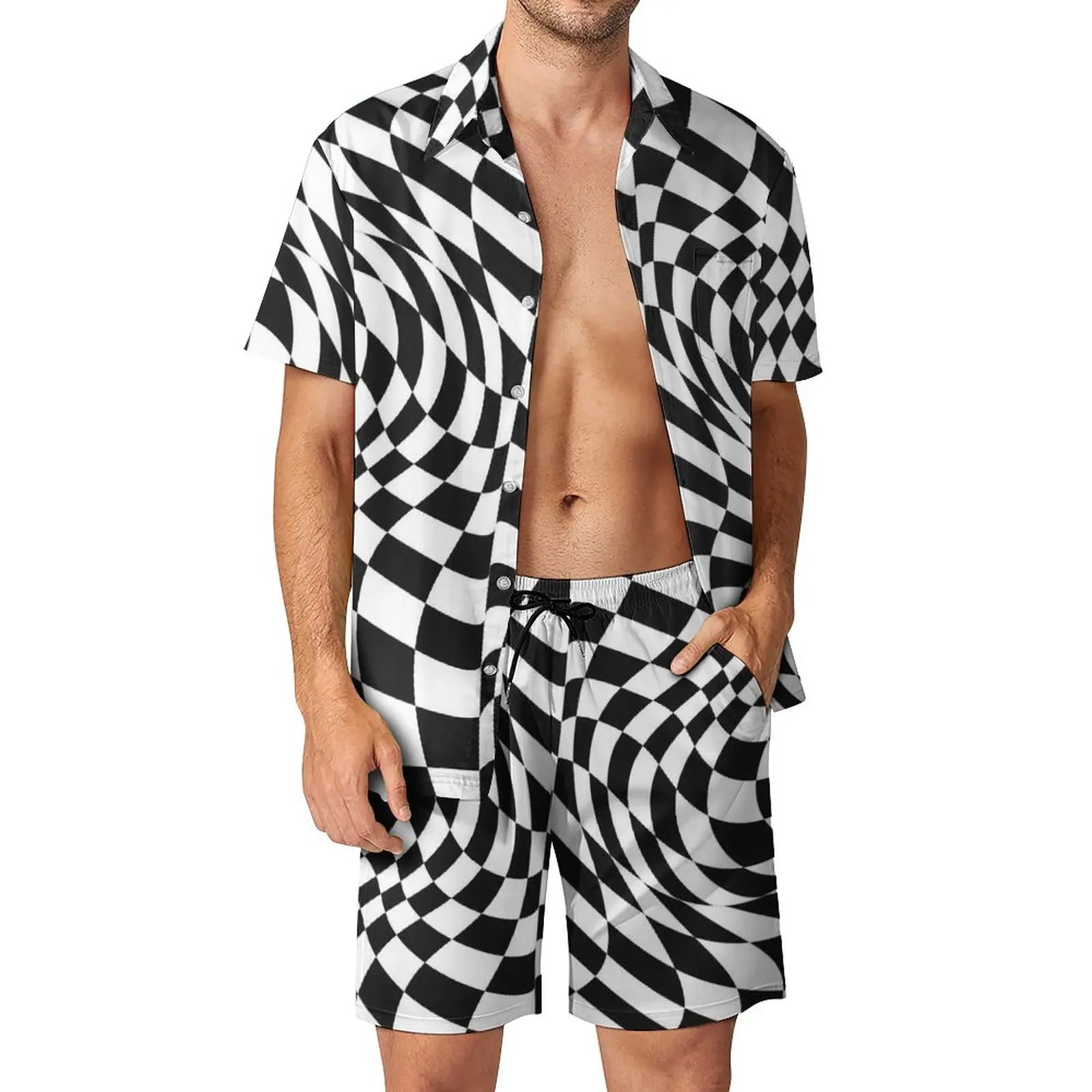 

Abstract Striped Beach Men Sets Black And White Geometric Casual Shirt Set Summer Custom Shorts 2 Piece Fashion Suit Plus Size