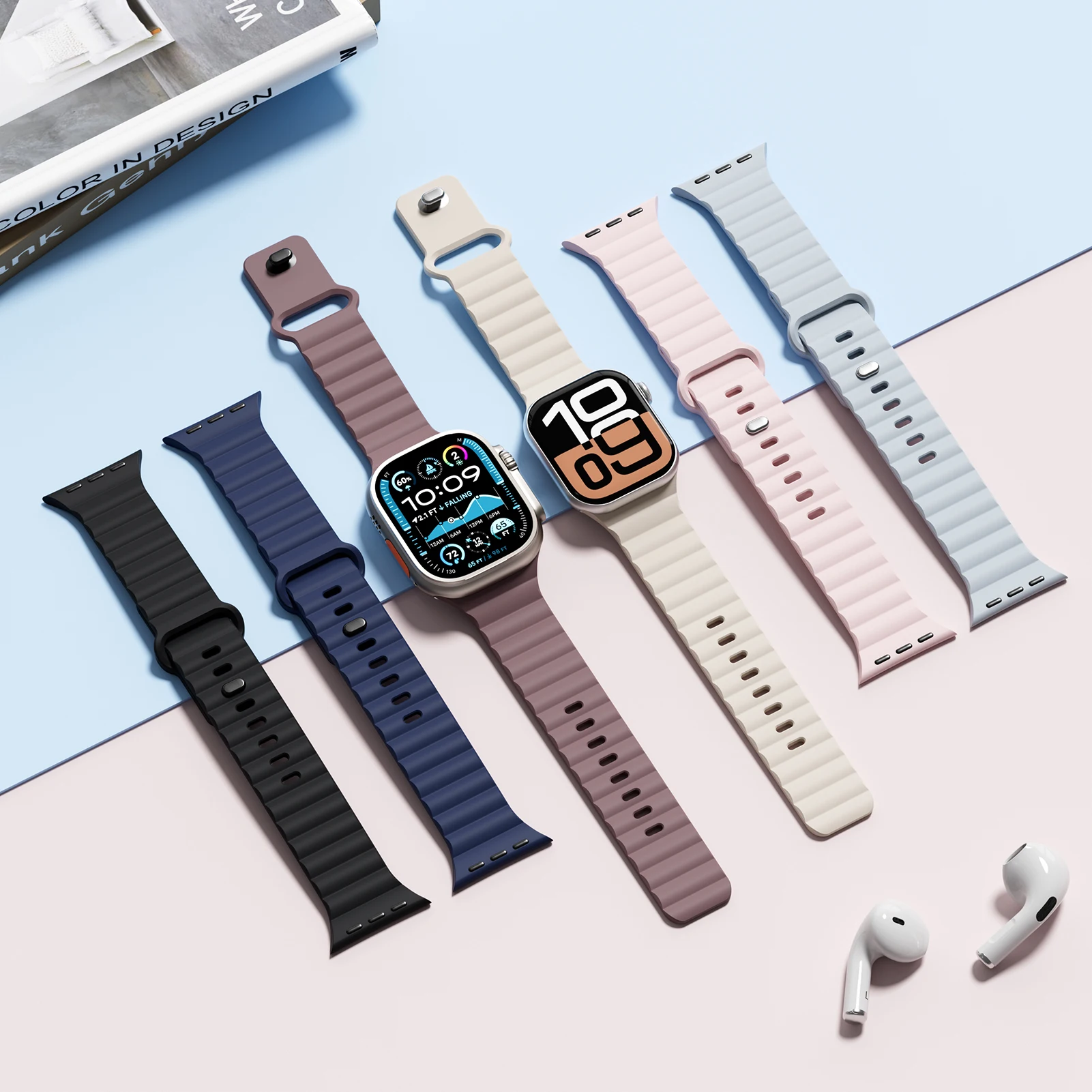 Фото Спортивные силиконовые ремешки для Apple Watch Band Ultra 2 49 мм, браслет correa для умных часов iwatch Series 9 8 7 6 SE, ремешки 45 мм 44 мм 42 мм №5