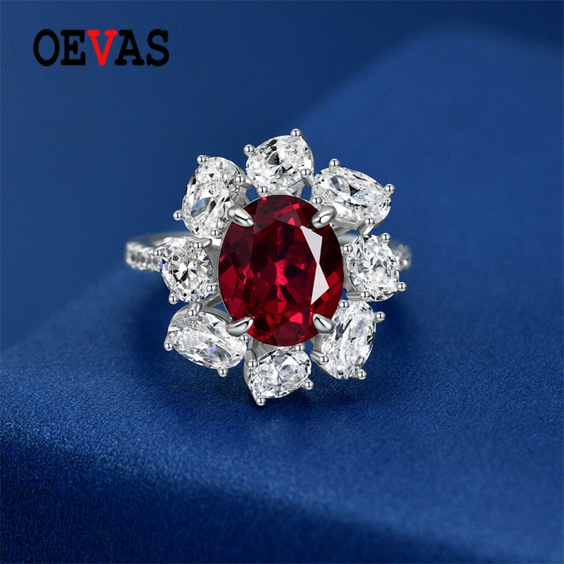 

OEVAS 100% 925 Sterling Silver 9*11 Red Oval Sunflower Fashion Ring High Carbon Diamond For Women Sparking Wedding Fine Jewelry