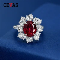 oevas 100 925 sterling silver 911 red oval sunflower fashion ring high carbon diamond for women sparking wedding fine jewelry