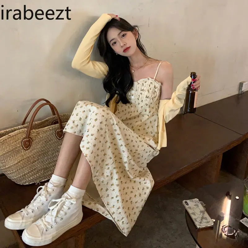 

Irabeezt Two Piece Sets Womens Outifits Floral Suspender Dress Cardigans Top Womans Clothes for 2022 Autumn/Winter Skirt Sets