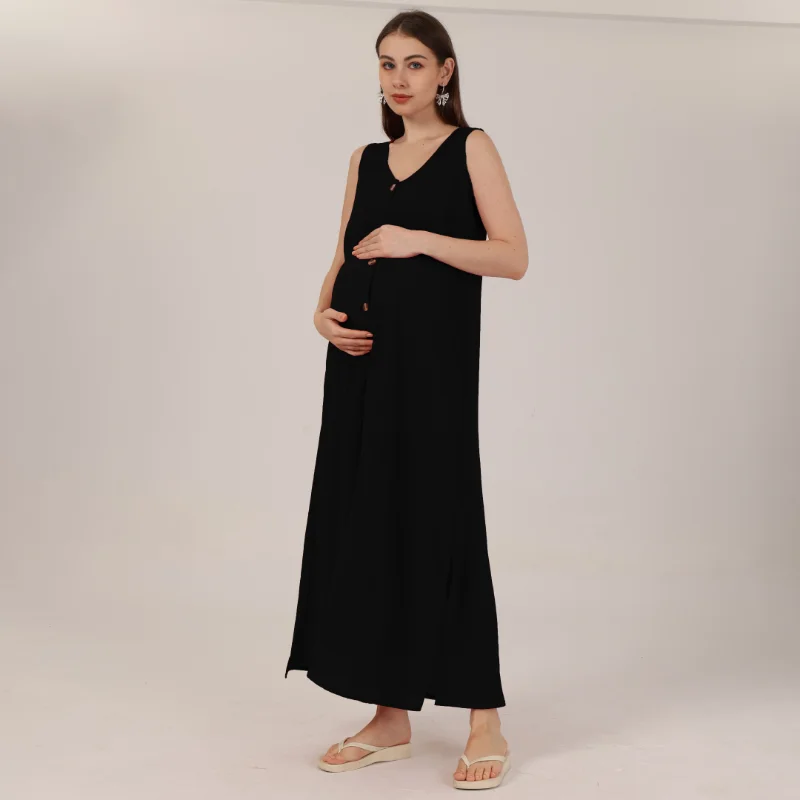 YUQIKL Women Summer Maternity Clothes Fashion Simplicity Cotton V-Neck Button Splitting Solid Pregnancy Dress Prom Dresses