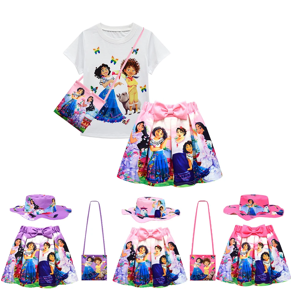 

Little Girls Summer 2pcs Sets Cotton T-shirts with Mirabel Encanto Pattern Disney Princess Dress for Kids Beach Wear with Hats