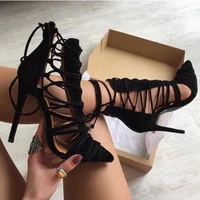 fashion black suede leather pointed toe cross tied lace up thin high heel ankle boots women cut out braided shoes stiletto heels