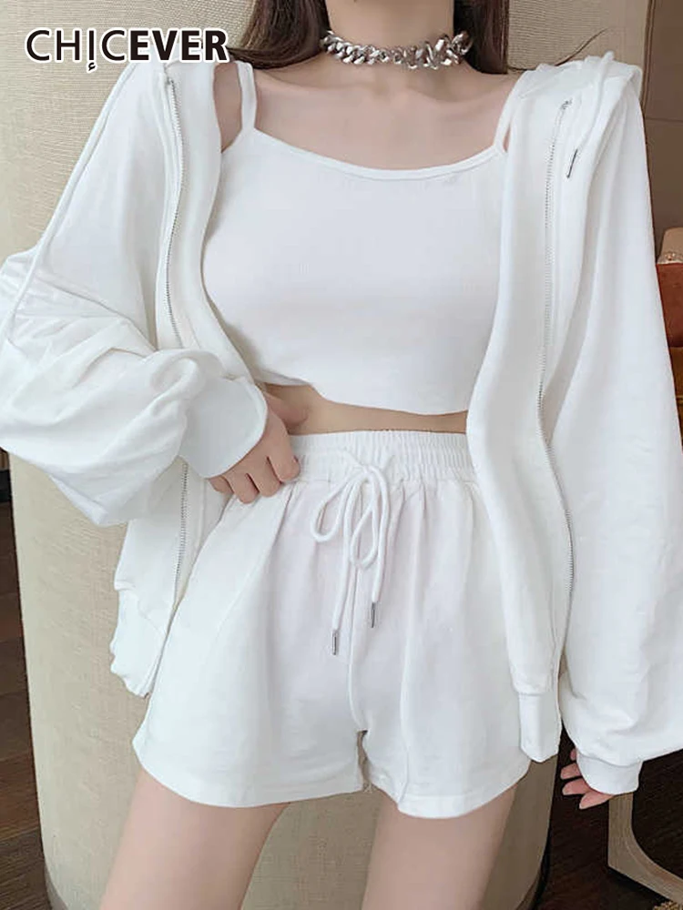

CHICEVER Casual Solid Three Piece Set For Women Slim Vest Hooded Collar Coat Lace Up Shorts Female Sets Spring 2022 Clothing New