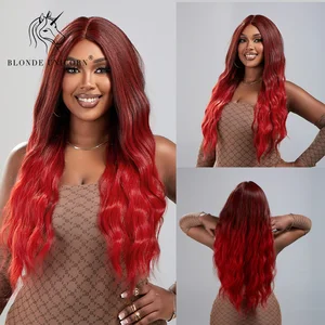 BLONDE UNICORN Ombre Red Long Wavy Wig Synthetic no Bangs for Black White Women Cosplay Daily Heat Resistant Hair
