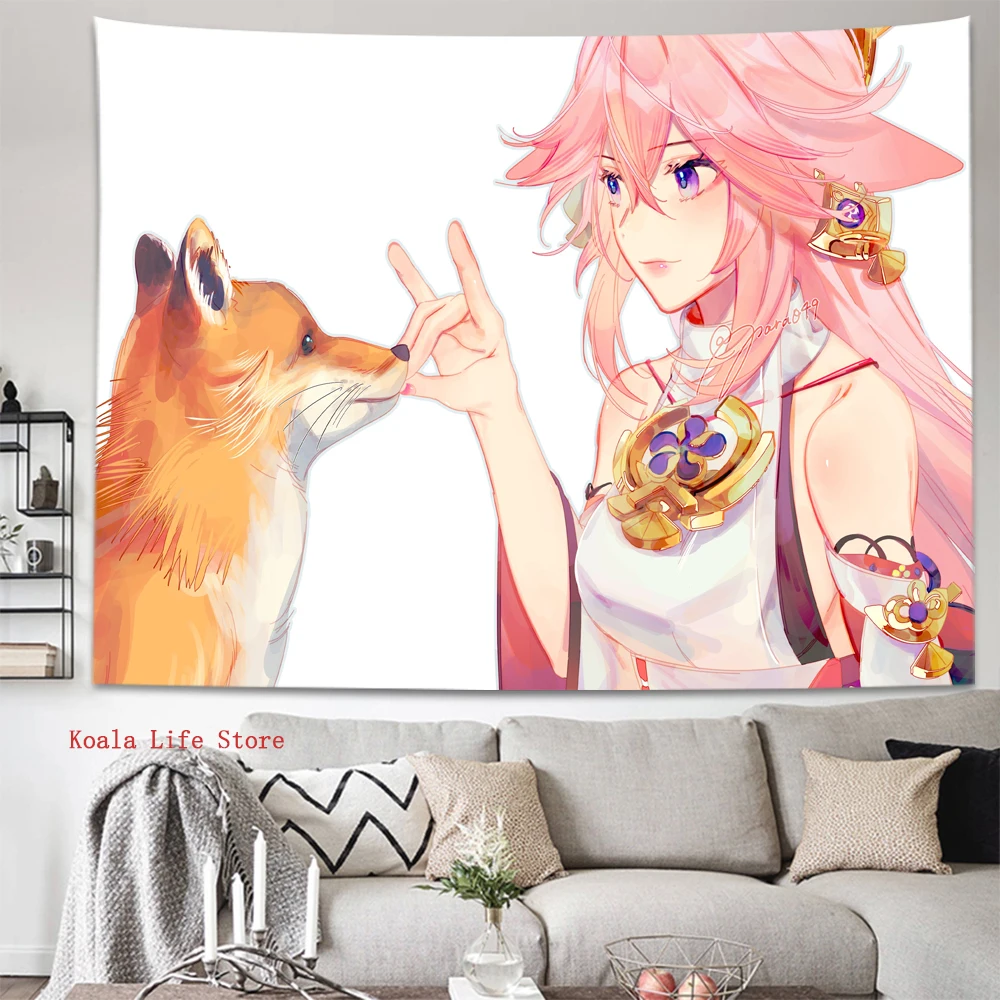 

Yae Miko Tapestry Genshin Impact Wall Hanging Decoration Background Cloth Aesthetic Room Decor Kawaii Home Decor Hippie Tapiz