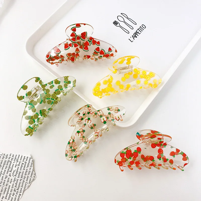 

2022 New Korea Summer Series 11cm Big Pineapple Strawberry Acrylic Fruit Hair Claw For Women Girls Gift