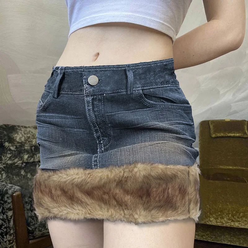 

2023 Autumn Winter Vintage Fur Patchwork Y2K Denim Mini Skirt Cute Fairycore Aesthetic Grunge Hot Girls Micro Wrap Skirt Jeans
