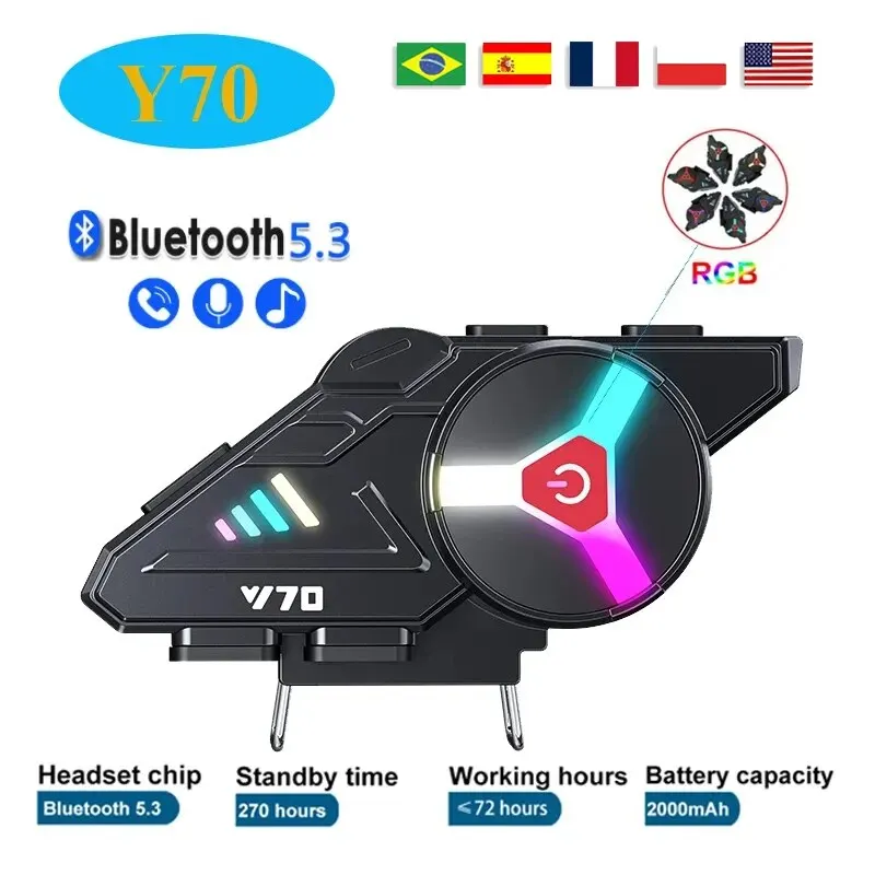 

Y70 Bluetooth-гарнитура Для Мотоциклетного Шлема V5.3 RGB С Цветным Освещением IPX6 Водонепроницаемое Двойное Подключение Тел...