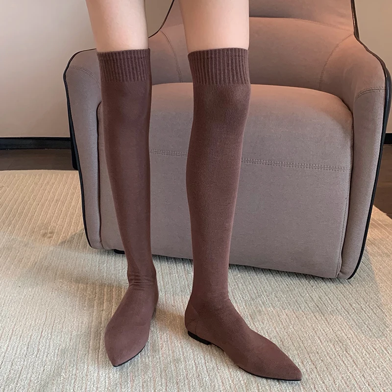 Женские сапоги-чулки из эластичной ткани, с острым носком, на плоской  подошве | AliExpress