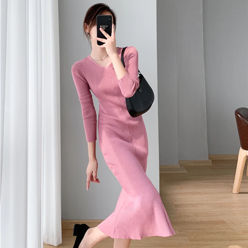 

Women's V-Neck Long Sleeve Knitted Bodycon Dress A Line Knit Maxi Dresses Fishtail Skirt Sexy Fashion Autumn