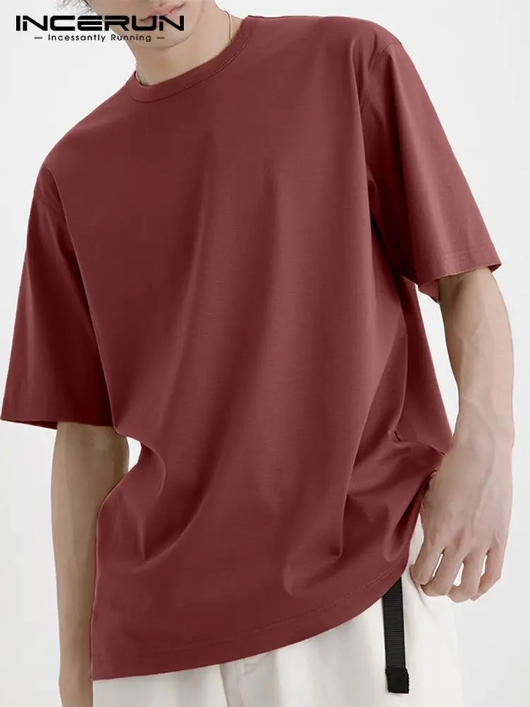 

INCERUN Fashion Men Cotton Short Sleeve Shirts Solid Color Comfortable Crew Neck Basic Holiday Casual Streetwear Tees Tops S-3XL