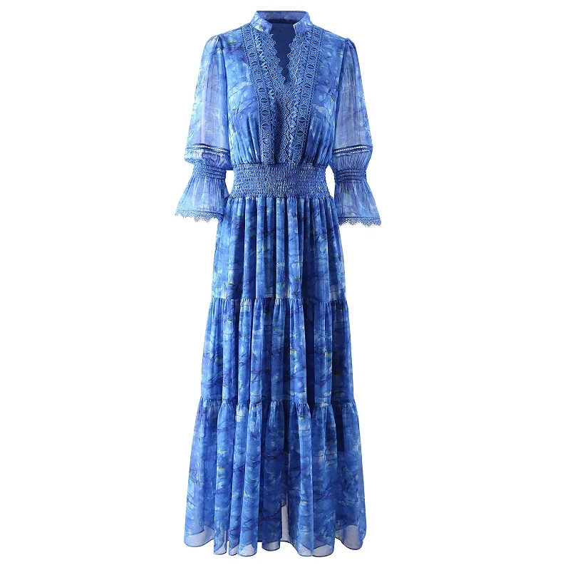 Женское шифоновое платье-макси с V-образным вырезом и цветочным принтом