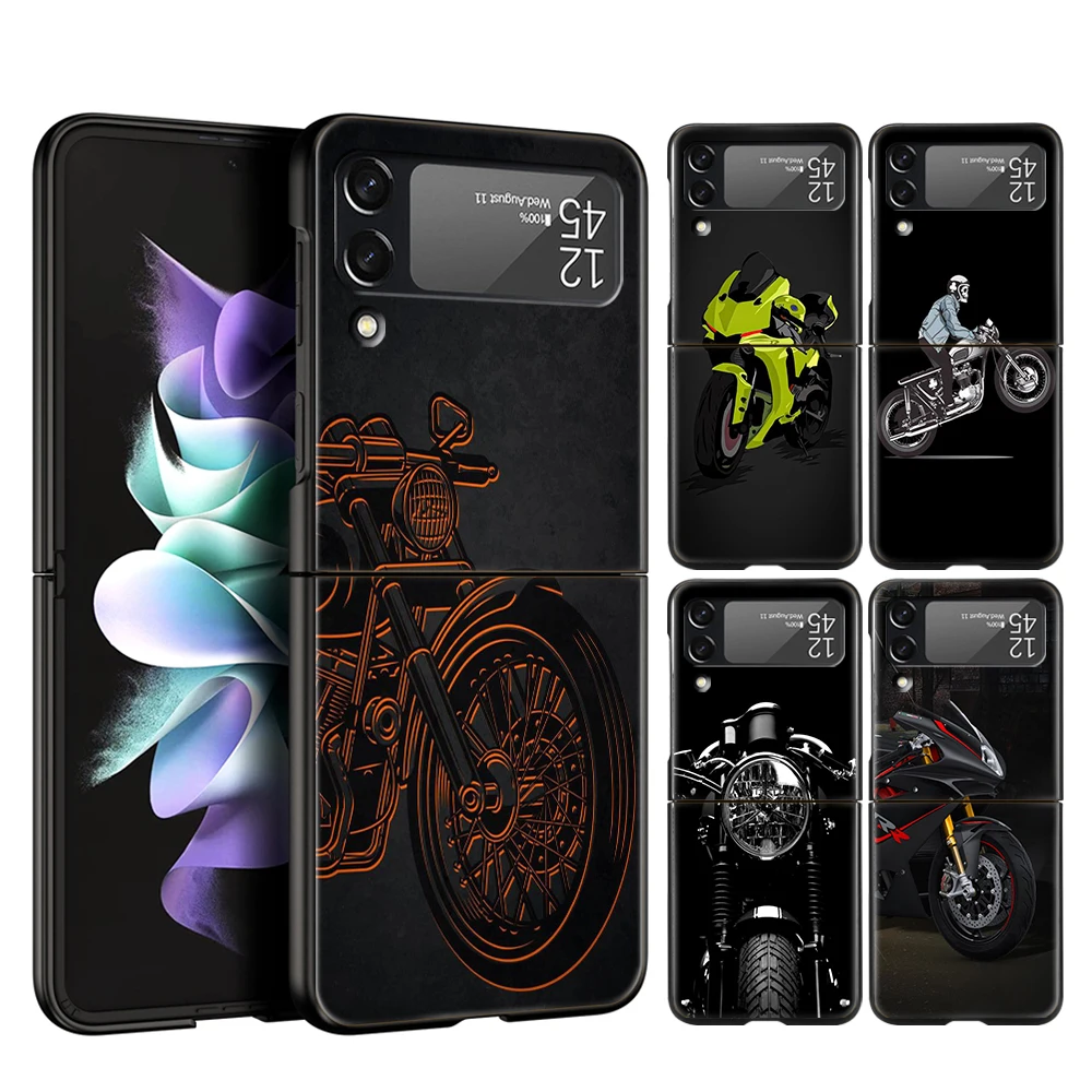 

Cartoon Motorcycle Hard PC Phone Case For Samsung Galaxy Z Flip 4 Black Cover For Galaxy Z Flip 3 Foldable Shockproof Case Capas