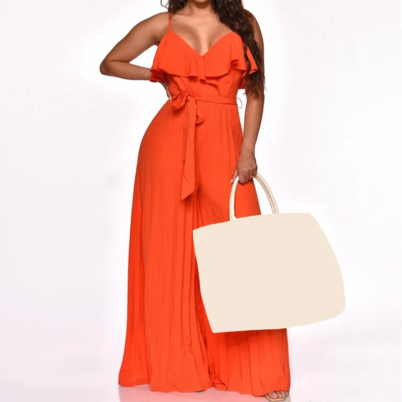 

WUHE Fashion Ruffles Spaghetti Strap V Neck Women Jumpsuit Solid Summer Chic Ruched Wide Leg Pants Elegant One Piece Overalls