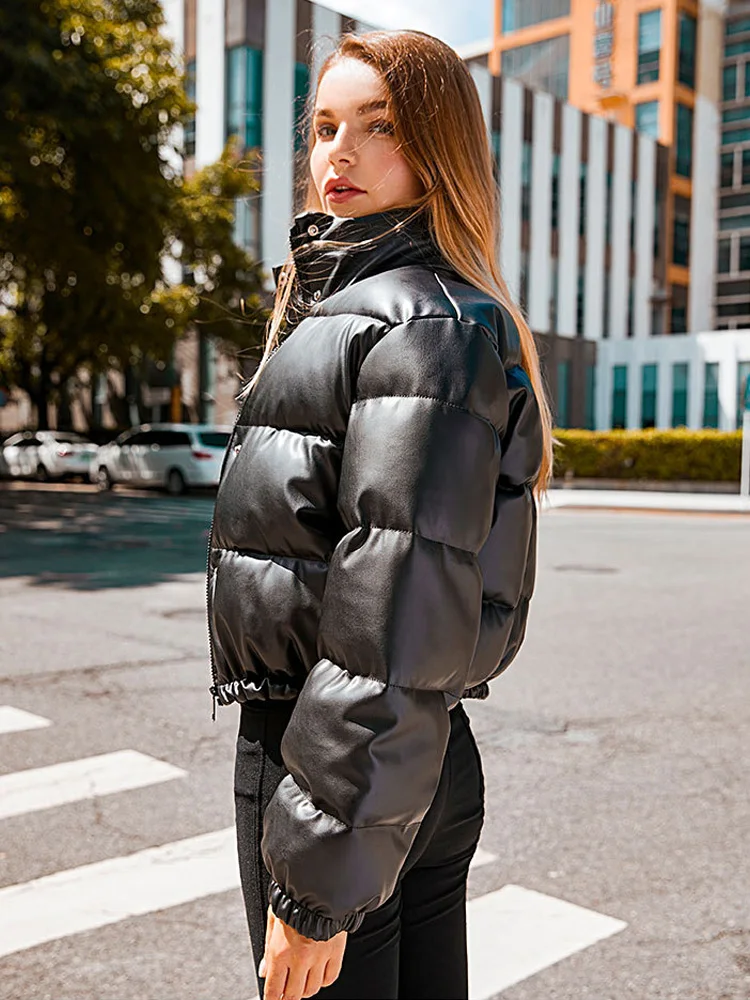 WYWMY Winter Jacket Women Black PU Leather Parkas Elegant Zipper Thick Warm Cropped Puffer Coat Cotton Padded Punk Jacket Outfit