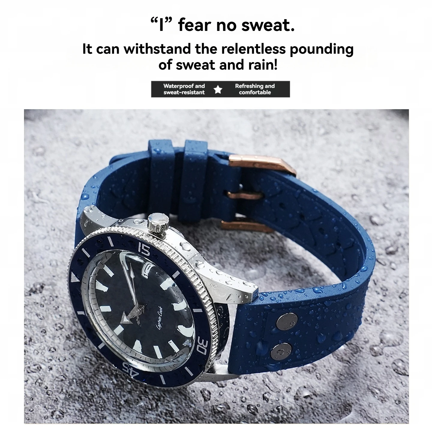 Фото Ремешок из фторкаучука (FKM) шириной 21 мм для часов Rado серии Captain Cook с быстросъемным креплением, модель R32505315 32505205, с раскладной застежкой. №1