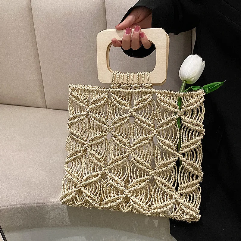 

Hollow Out Rope Woven Bags for Women 2022 Bohemian Knitting Women's Handbags Square Tote Beach Bag Summer Crochet Clutch Chic