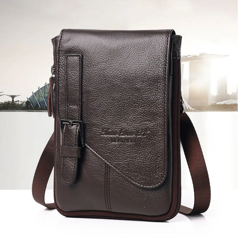 Business Genuine Leather Mini Shoulder Bag For Men Retro Cowhide Mobile Phone Waist Bag Male Casual Small Crossbody Bag