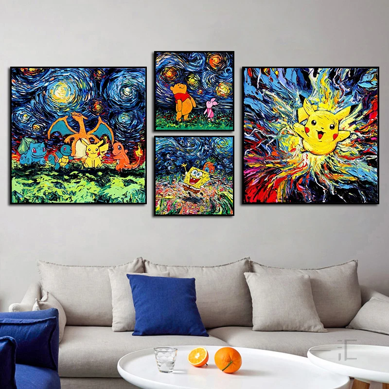 

Abstract Art Starry Night Cartoon Canvas Oil Painting Van Gogh's Pokemon Anime Posters Wall Art Picture Home Children Room Decor