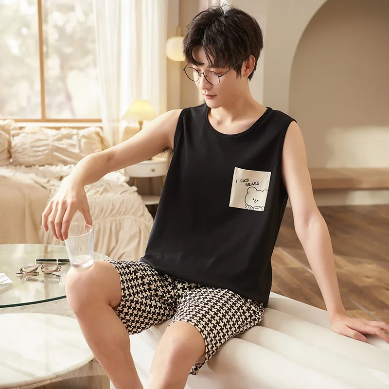 Hot Summer Style New Men Pajama Sets Cotton Breathable Soft Home Lounge Causual Sleevess Shirt Male Sleepwear