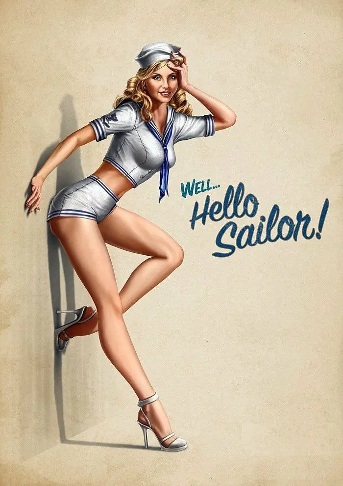 

Vintage Hello Sailor Pin Up Girl Art print Silk poster Home Wall Decor