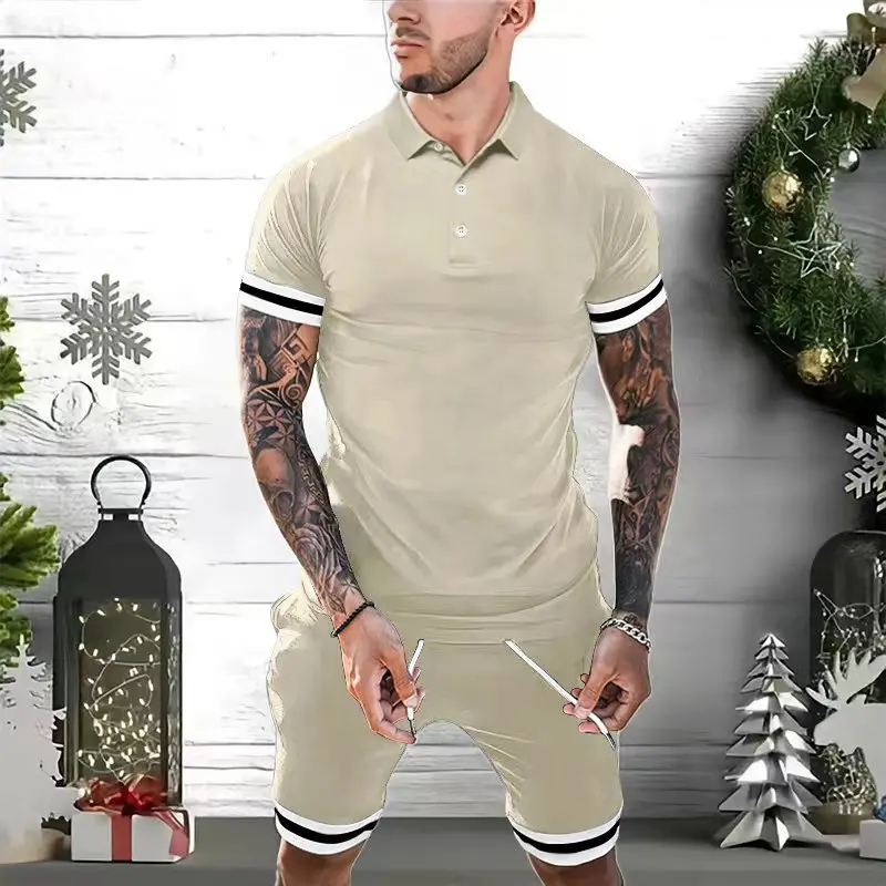 Fashion Men's Button Polo Shirt And Shorts Set Casual Short Sleeve Pure Color Suit Men Clothing