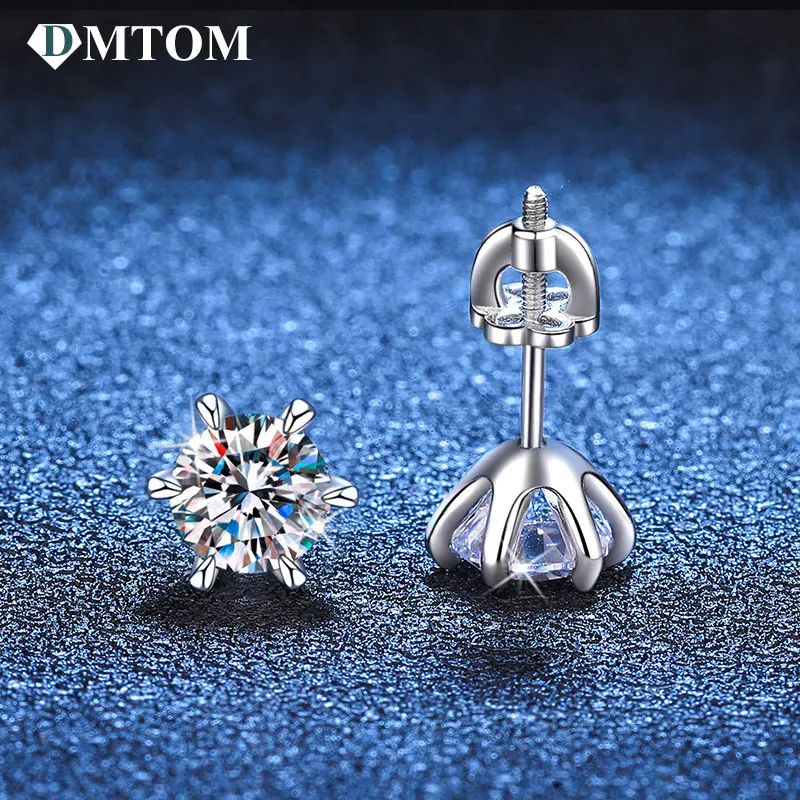 

DMTOM S925 Sterling Silver 1ct Moissanite Stud Earrings D 6claw for Women Diamond Earring Wedding Party Bridal Fine Jewelry Gift