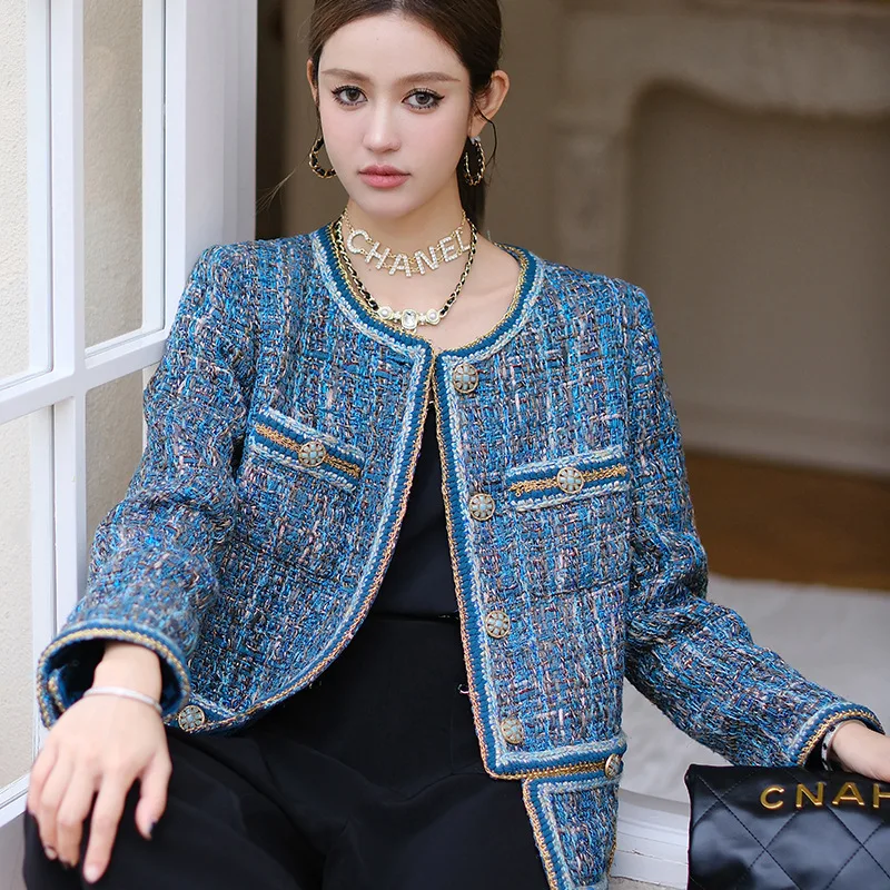 

Blue Color Fashion Tweed Wool Women Coat Jackets Full Sleeves Buttons Casual Loose Lady Formal Tops Outwear Clothes