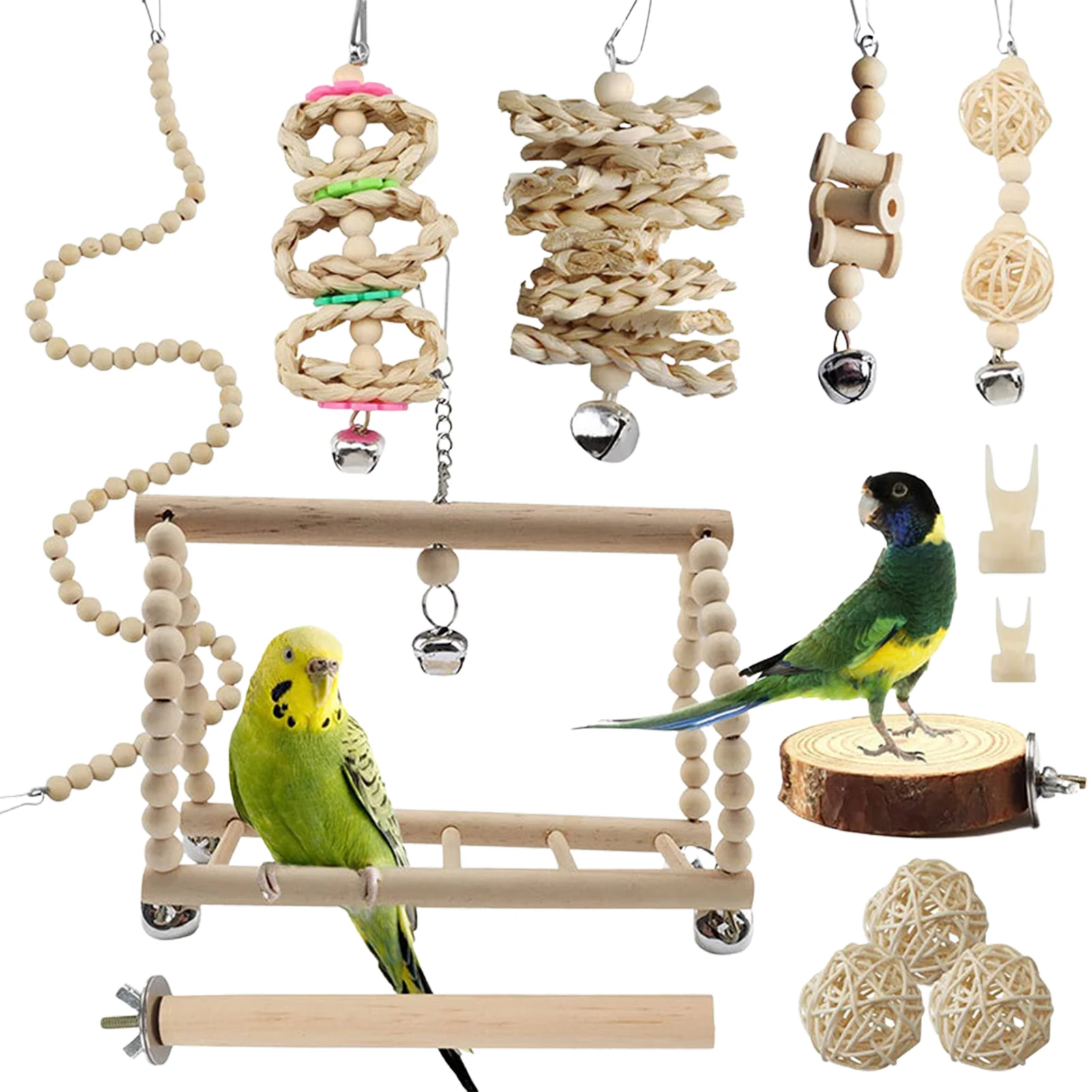 

13 Pack Bird Toys 13pcs Natural Wood Parrot Chewing Toys Bird Swing Perch Cage Toys Pet Bird Chewing Training Ball Toys For