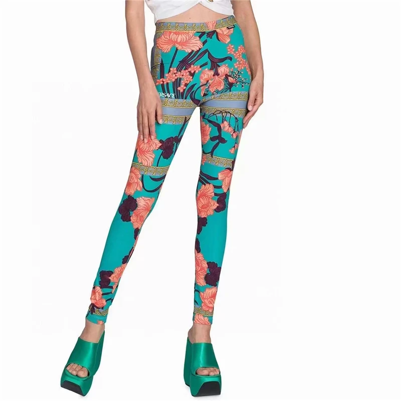 

2022 summer new stretch cotton 3d printed tight yoga trousers big name women's fashion contrast color stitching slim trousers