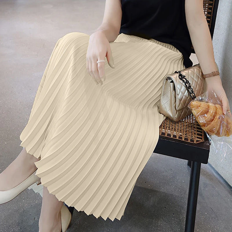2022 spring and summer casual pleated skirt women's drape A-line loose and thin skirt  Cotton  Casual  Solid  A-LINE