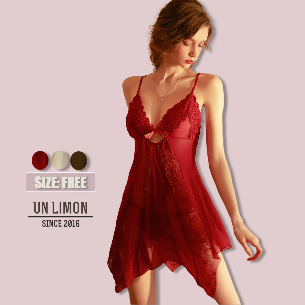 

UNLIMON Sexy Lace Openwork Night Dress With G-string For Women