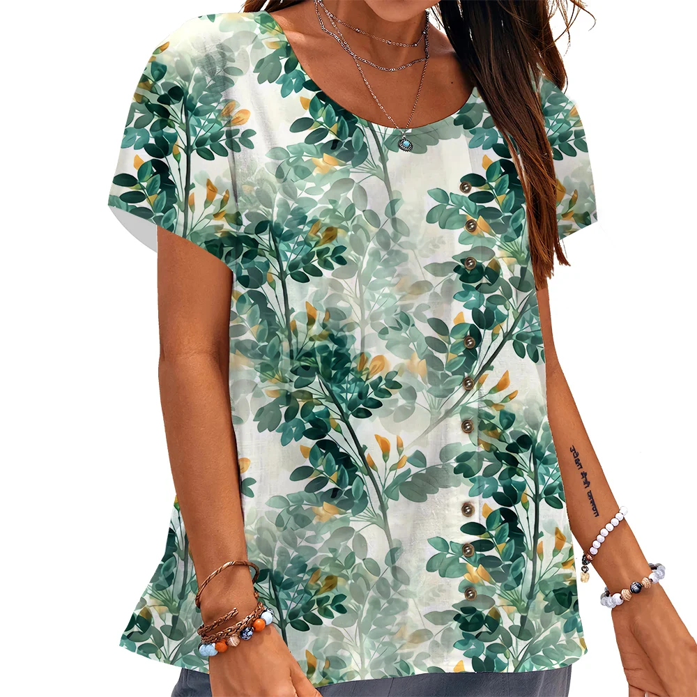 

Модная женская футболка CLOOCL с объемным рисунком туманного леса, футболки с пуговицами и украшением, свободные летние женские футболки с коротким рукавом