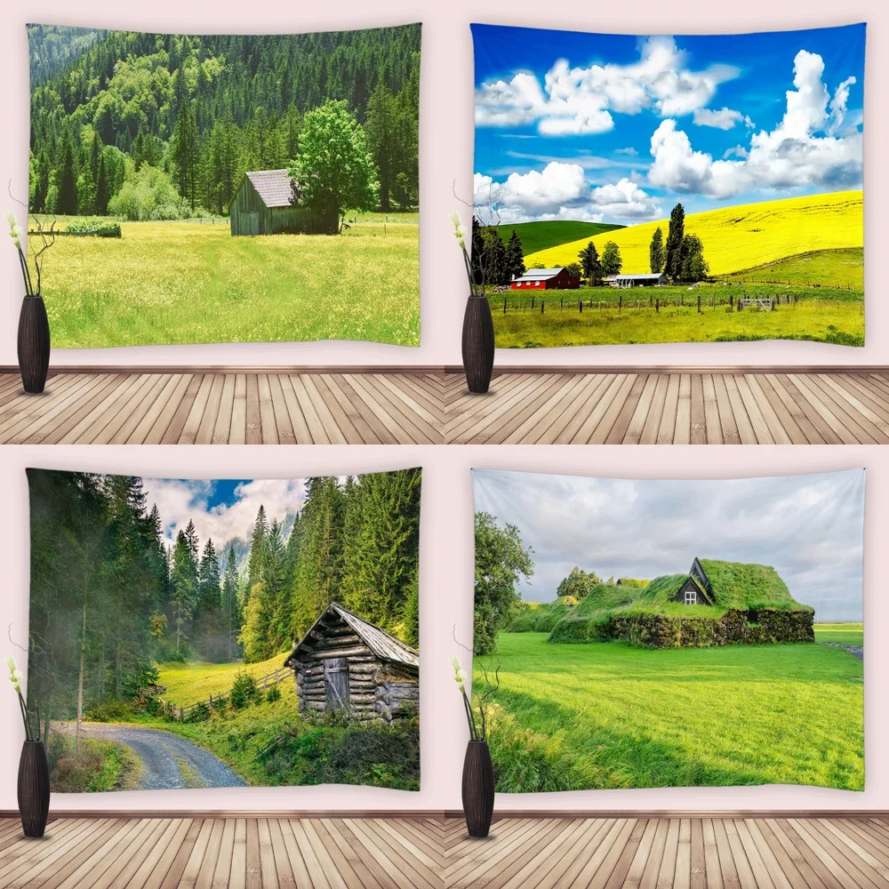 

Country Scenery Tapestry Meadow Spring Nature House Pine Forest Tree Tapestries Wide Wall Hanging Bedroom Living Room Dorm Decor